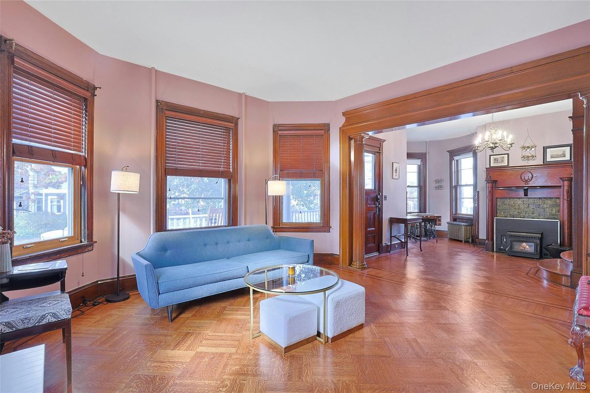 Chandelier, Dining room, Fireplace, Interior, Living room, Wood Texture Flooring