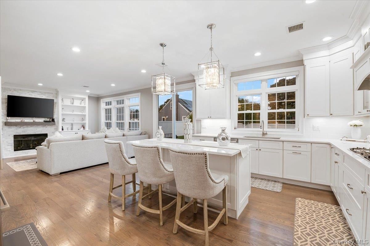 Fireplace, Interior, Kitchen, Living room, Pendant Lights, Recessed Lighting, Wood Texture Flooring