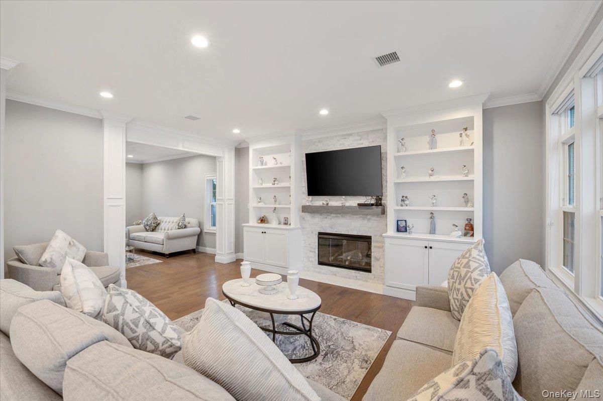 Fireplace, Interior, Living room, Recessed Lighting, Wood Texture Flooring