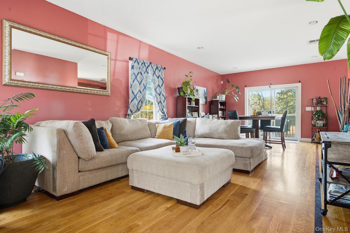 Dining room, Fireplace, Interior, Living room, Recessed Lighting, Wood Texture Flooring