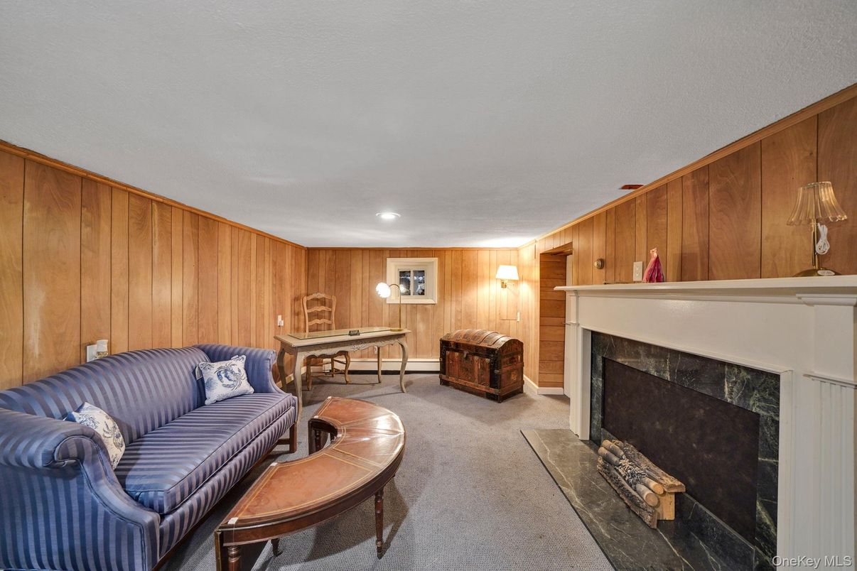 Fireplace, Interior, Living room, Recessed Lighting, Wooden Walls