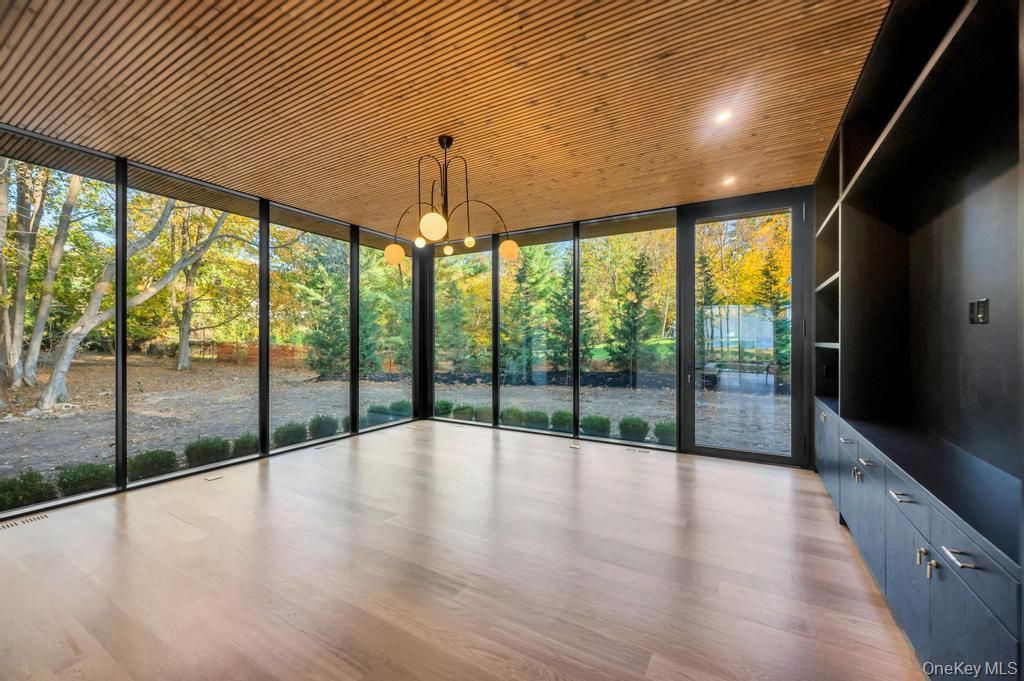 Empty room, Interior, Pendant Lights, Recessed Lighting, Sun Room, Wooden Ceilings, Wood Texture Flooring