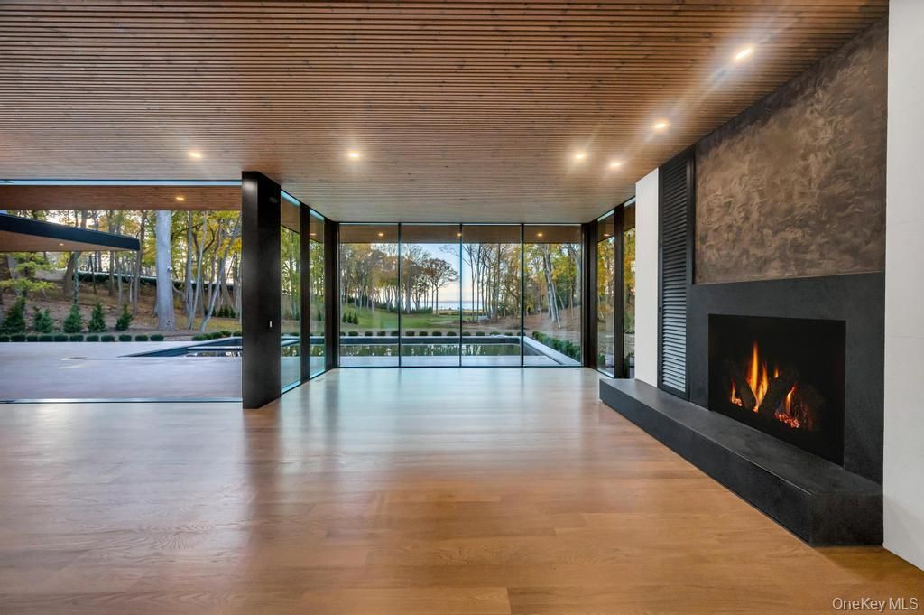 Empty room, Fireplace, Interior, Recessed Lighting, Wooden Ceilings, Wood Texture Flooring