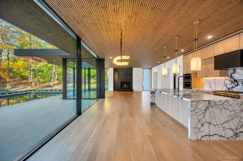 Fireplace, Interior, Kitchen, Pendant Lights, Recessed Lighting, Wood Texture Flooring