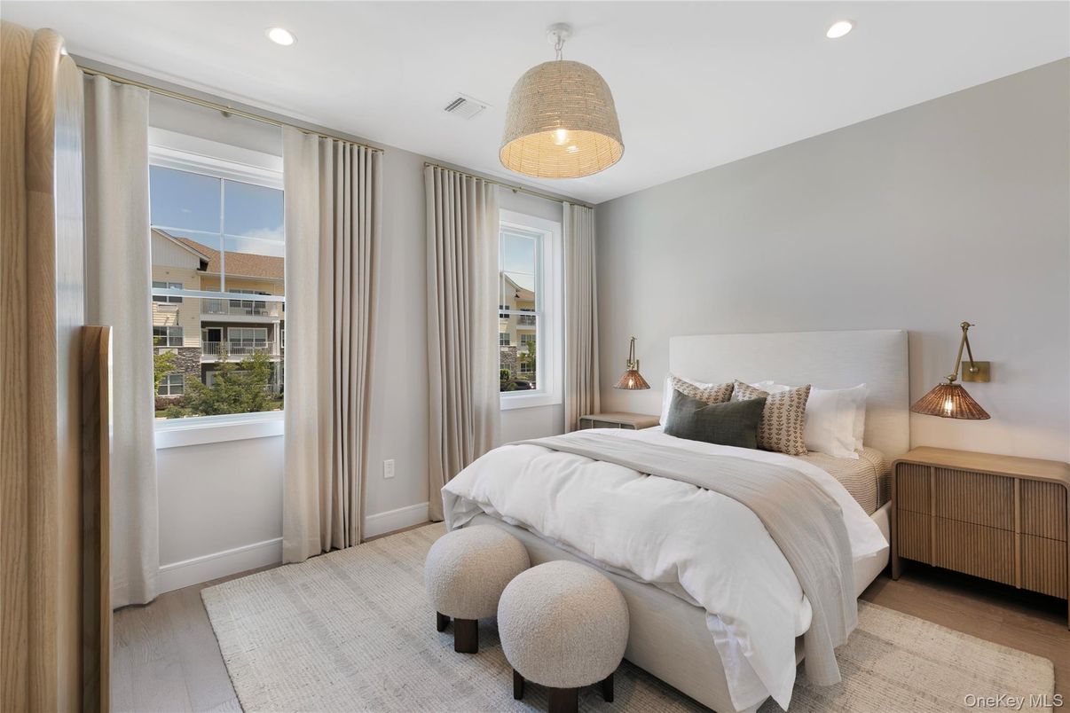 Bedroom, Interior, Pendant Lights, Recessed Lighting, Wood Texture Flooring