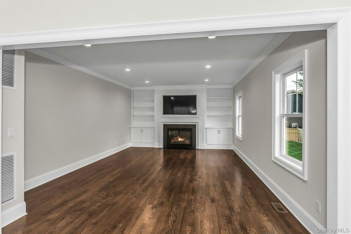Empty room, Fireplace, Interior, Recessed Lighting, Wood Texture Flooring