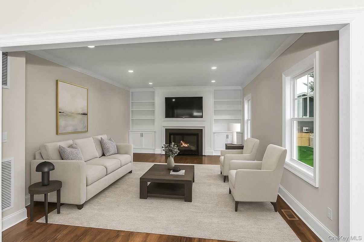 Fireplace, Interior, Living room, Recessed Lighting, Wood Texture Flooring