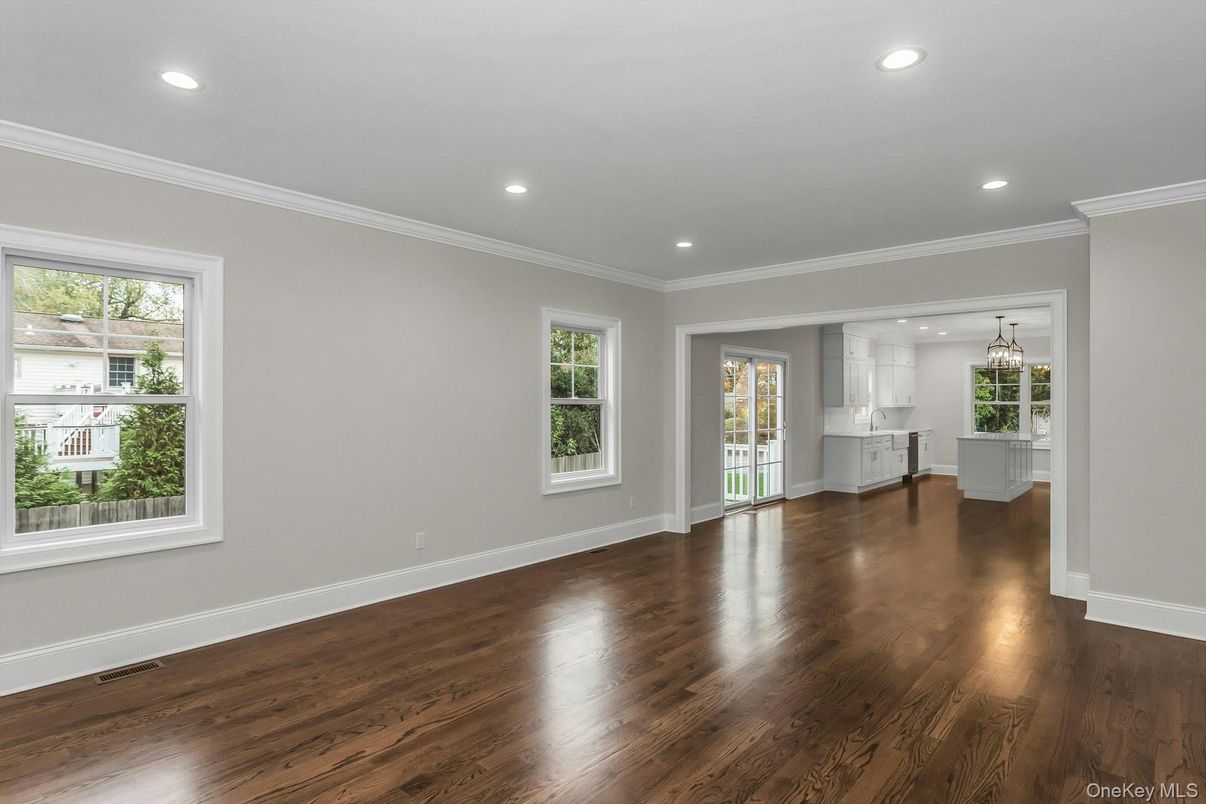 Chandelier, Empty room, Interior, Kitchen, Pendant Lights, Recessed Lighting, Wood Texture Flooring