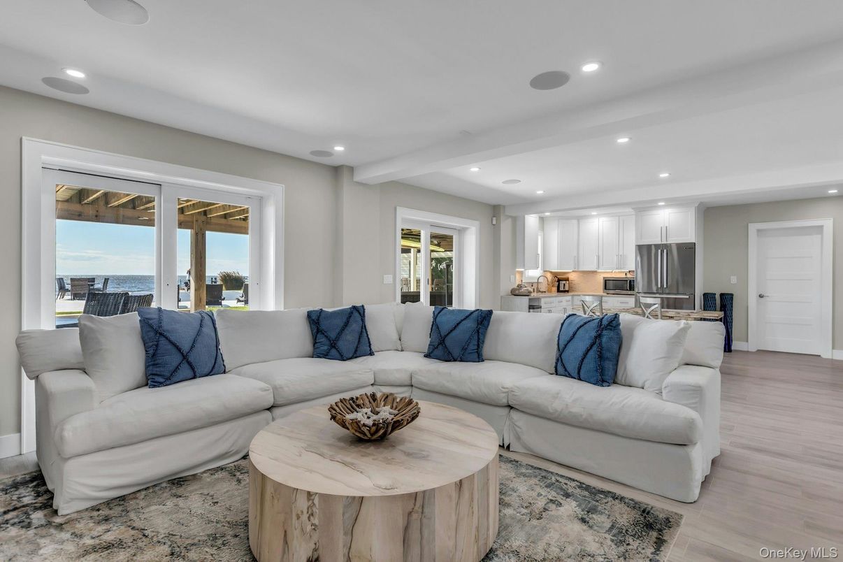 Interior, Kitchen, Living room, Recessed Lighting, Stainless Steel Appliances, Water, Wood Texture Flooring