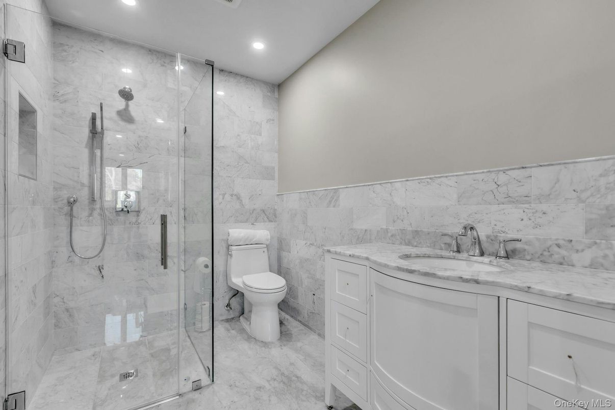 Bathroom, Glass Shower, Interior, Marble Walls, Recessed Lighting