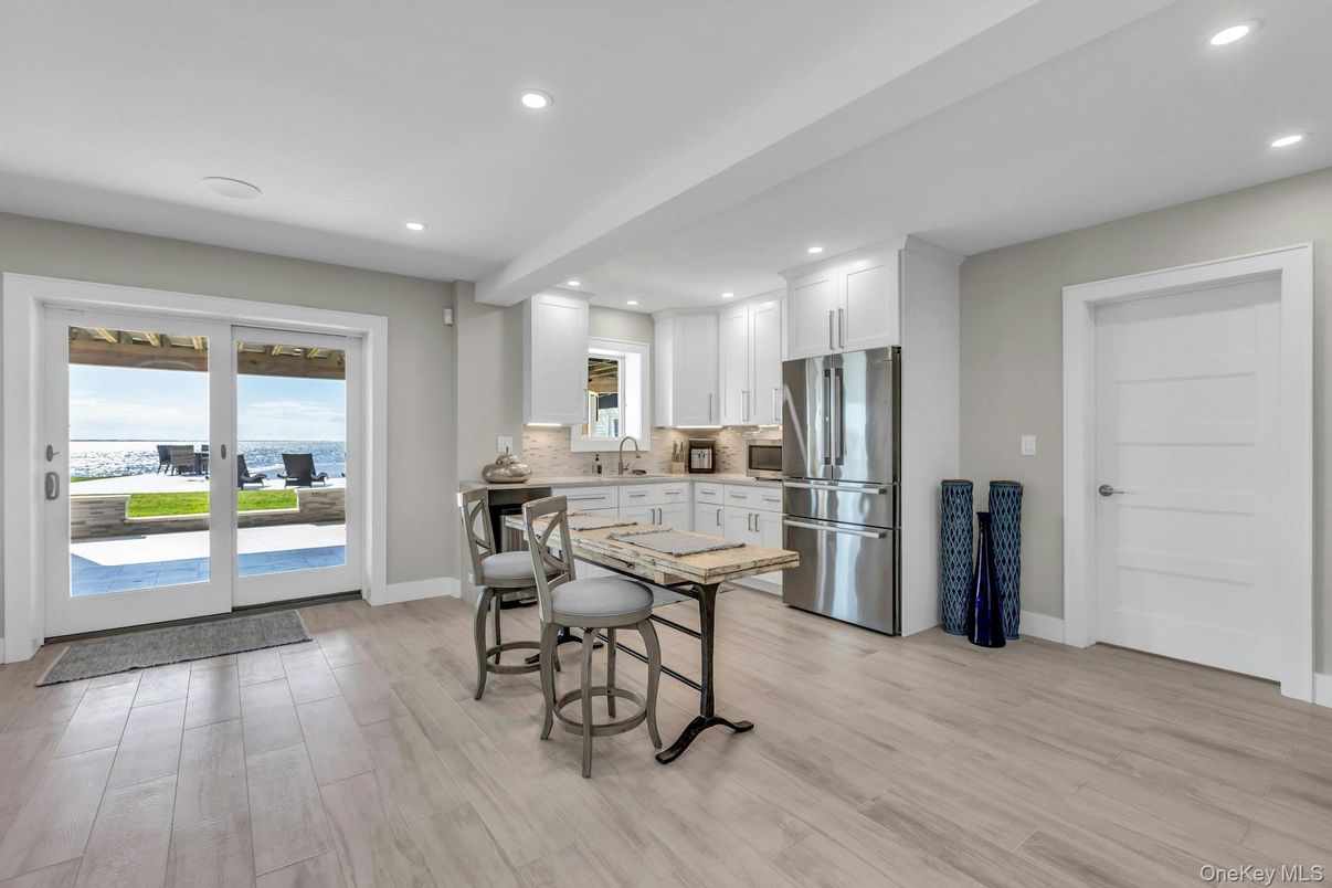 Interior, Kitchen, Recessed Lighting, Stainless Steel Appliances, Water, Wood Texture Flooring