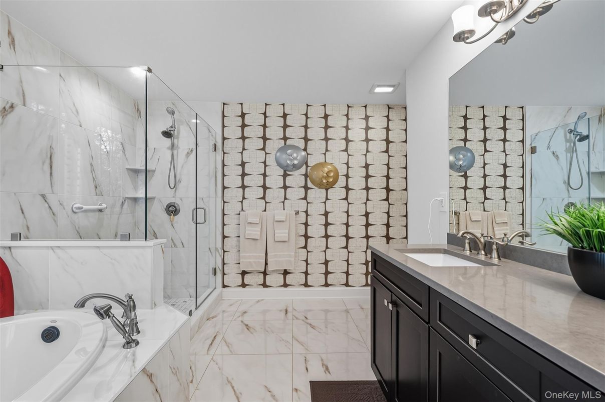 Bathroom, Dual Sink Vanities, Glass Shower, Interior, Marble, Marble Walls