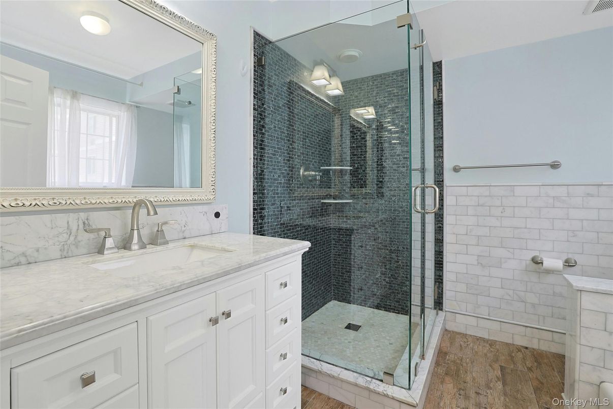 Bathroom, Glass Shower, Interior, Recessed Lighting, Wood Texture Flooring