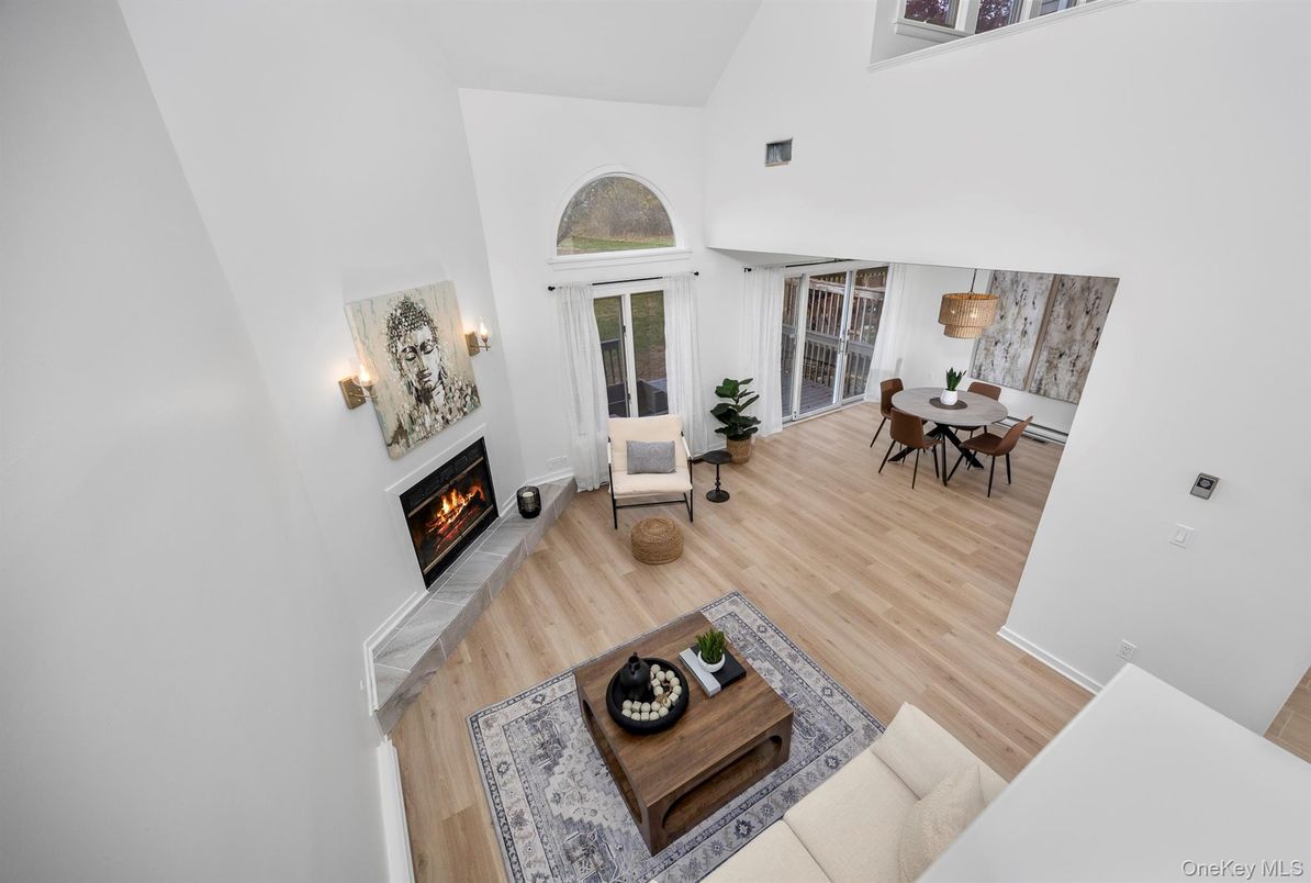 Dining room, Fireplace, Interior, Living room, Pendant Lights, Wood Texture Flooring
