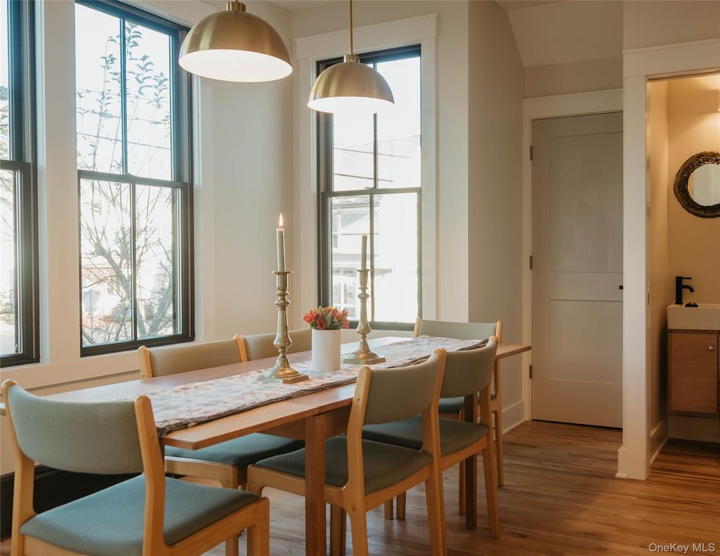 Dining room, Interior, Pendant Lights, Wood Texture Flooring