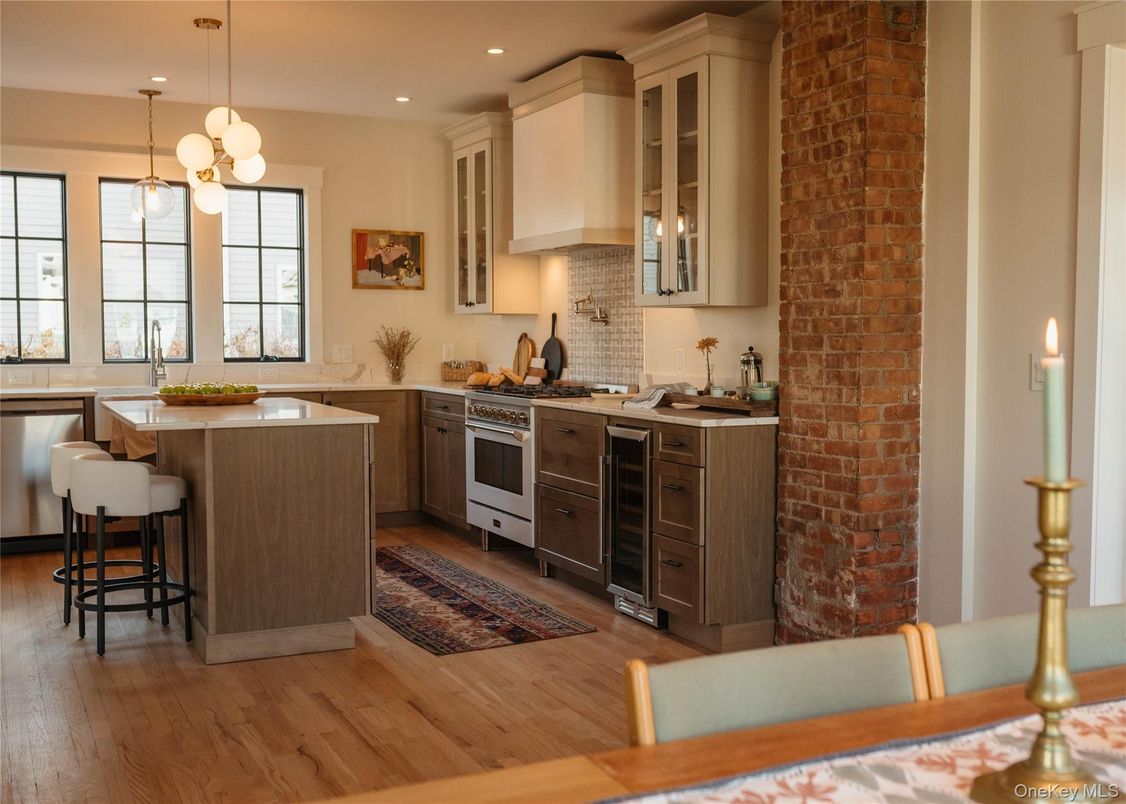 Interior, Kitchen, Pendant Lights, Recessed Lighting, Stainless Steel Appliances, Stone Walls, Wood Texture Flooring