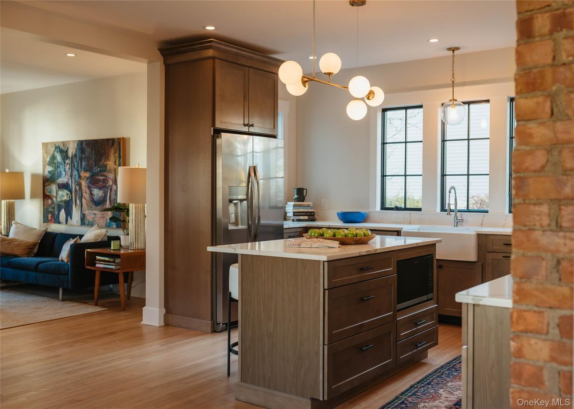 Interior, Kitchen, Pendant Lights, Recessed Lighting, Stainless Steel Appliances, Stone Walls, Wood Texture Flooring