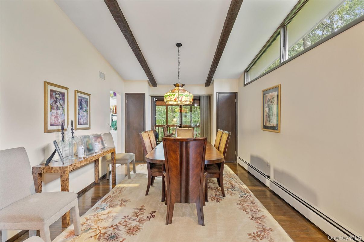 Dining room, Interior, Pendant Lights, Wooden Beams, Wood Texture Flooring