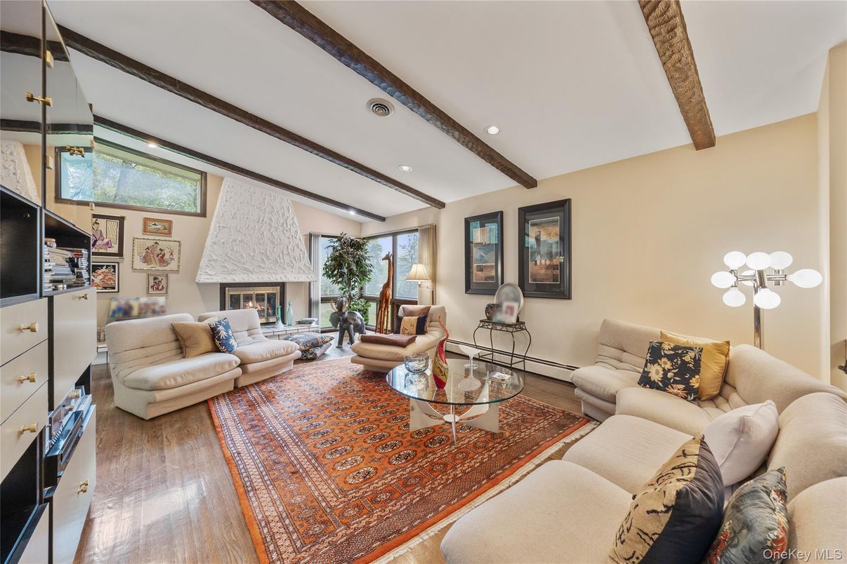 Fireplace, Interior, Living room, Recessed Lighting, Wooden Beams, Wood Texture Flooring