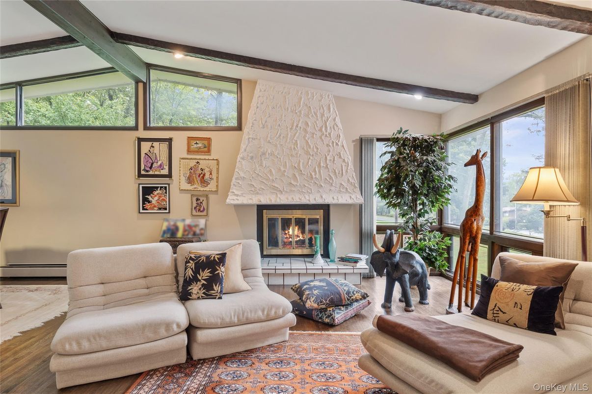 Fireplace, Interior, Living room, Recessed Lighting, Wooden Beams, Wood Texture Flooring