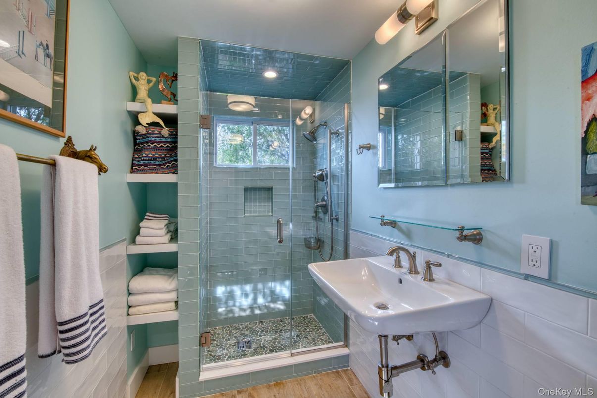 Bathroom, Glass Shower, Interior, Wood Texture Flooring