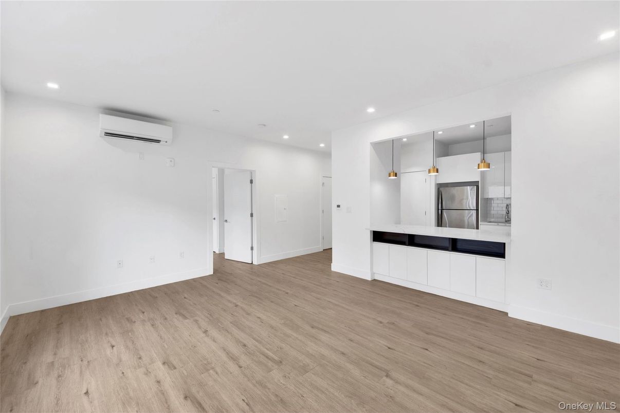 Empty room, Interior, Kitchen, Pendant Lights, Recessed Lighting, Wood Texture Flooring