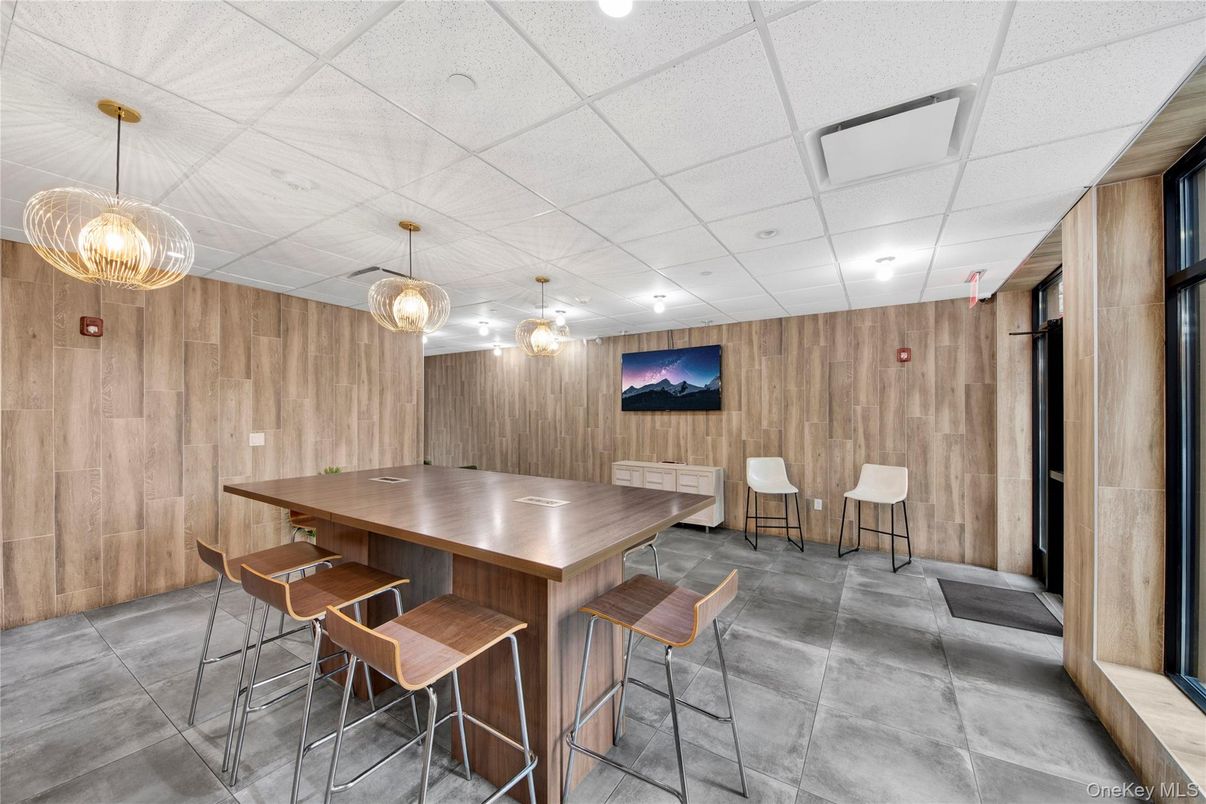 Dining room, Interior, Pendant Lights, Recessed Lighting, Wooden Walls