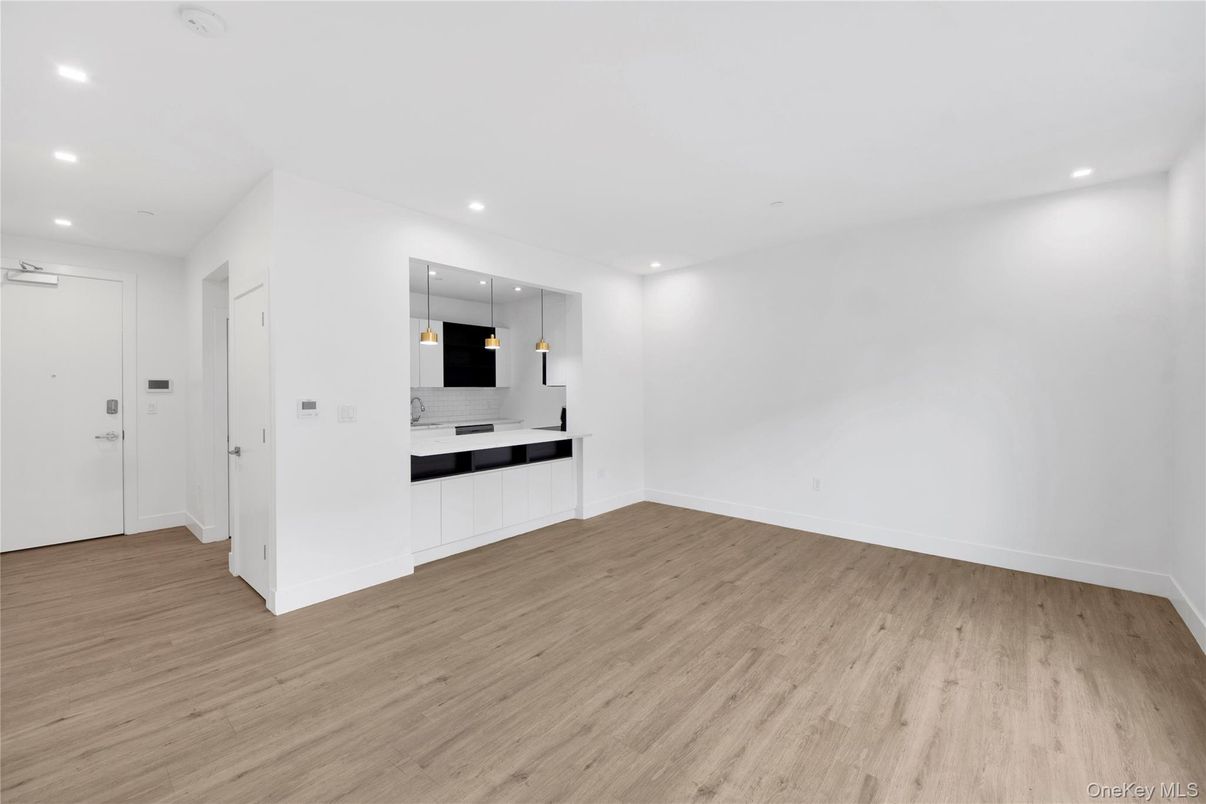 Empty room, Interior, Kitchen, Pendant Lights, Recessed Lighting, Wood Texture Flooring