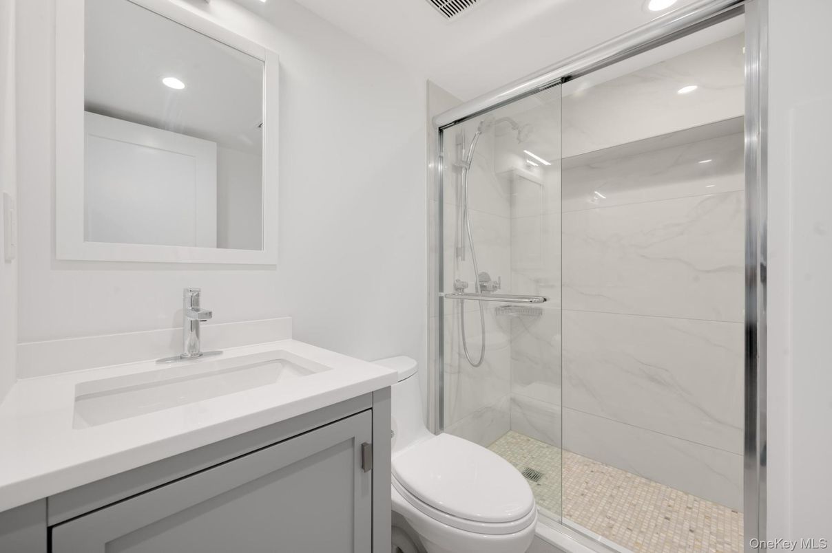 Bathroom, Glass Shower, Interior, Marble Walls, Recessed Lighting