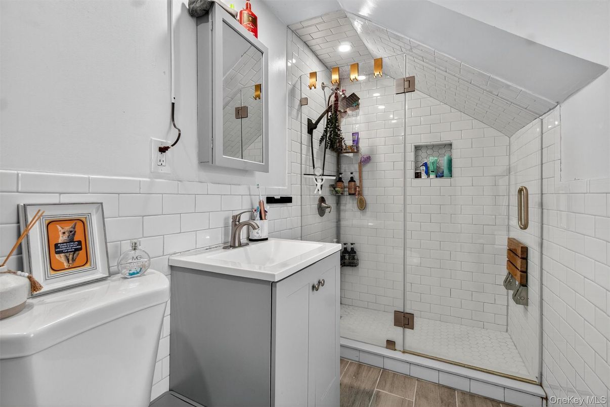 Bathroom, Glass Shower, Interior, Wood Texture Flooring