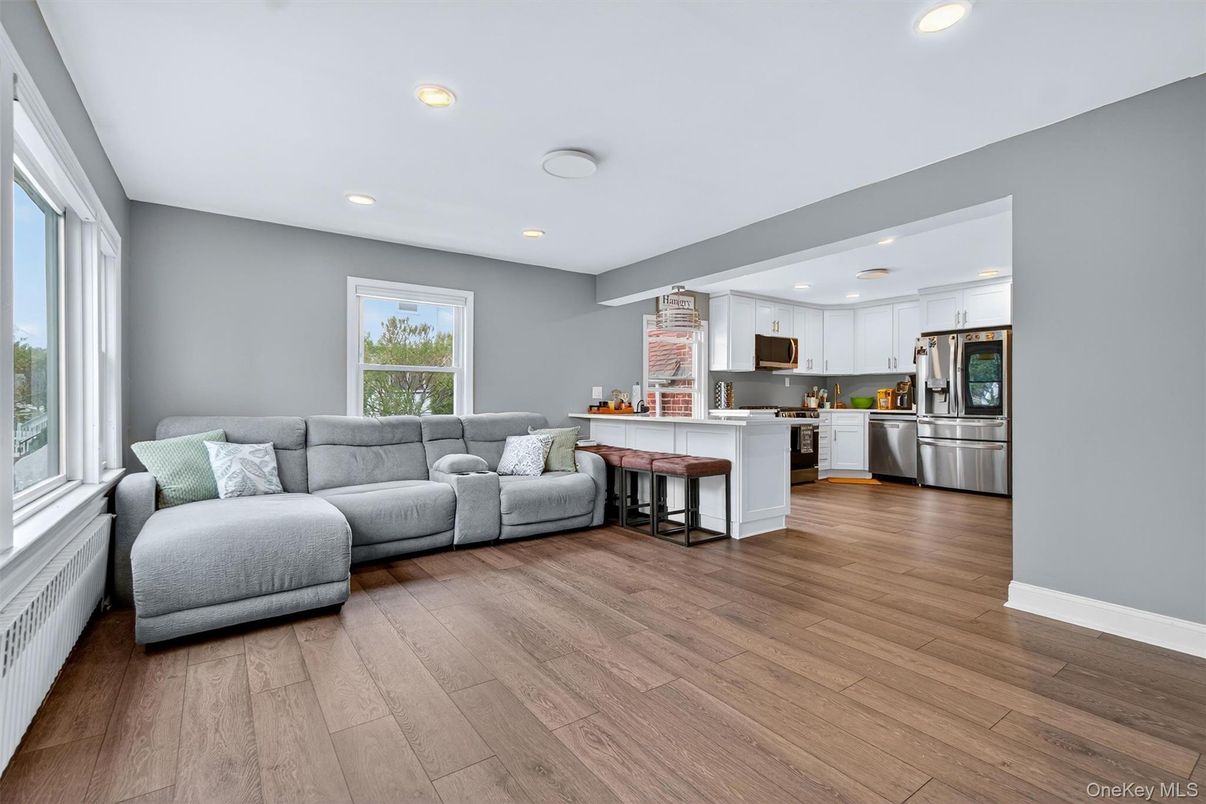 Interior, Kitchen, Living room, Recessed Lighting, Stainless Steel Appliances, Wood Texture Flooring