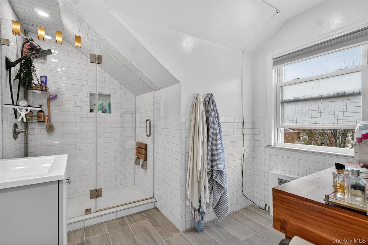 Bathroom, Glass Shower, Interior, Wood Texture Flooring