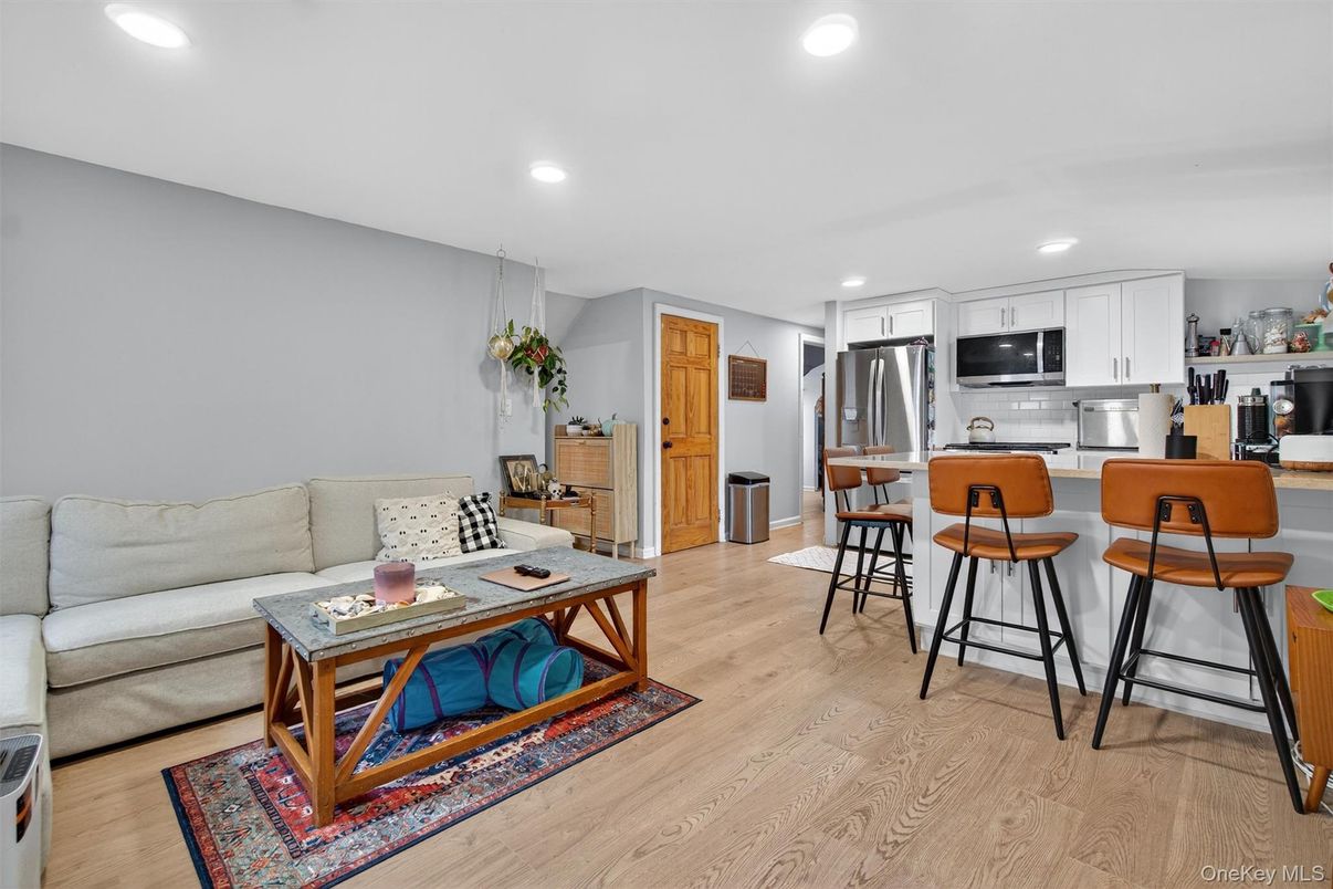 Interior, Kitchen, Living room, Recessed Lighting, Stainless Steel Appliances, Wood Texture Flooring