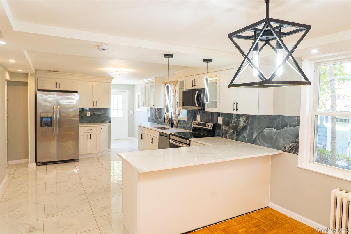 Interior, Kitchen, Marble, Pendant Lights, Recessed Lighting, Stainless Steel Appliances