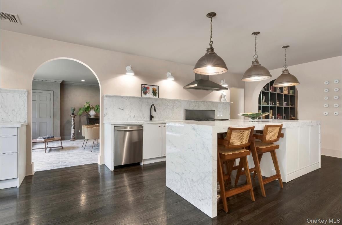 Interior, Kitchen, Marble Walls, Pendant Lights, Recessed Lighting, Stainless Steel Appliances, Wood Texture Flooring