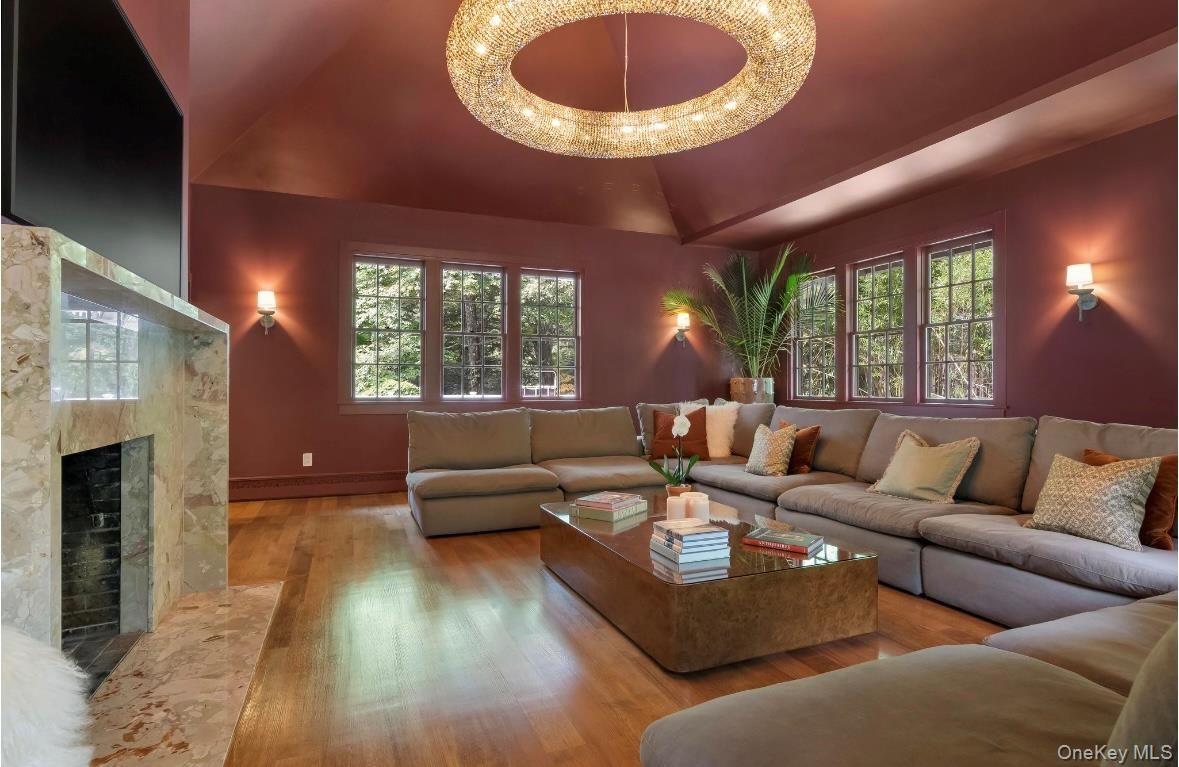 Fireplace, Interior, Living room, Pendant Lights, Wood Texture Flooring