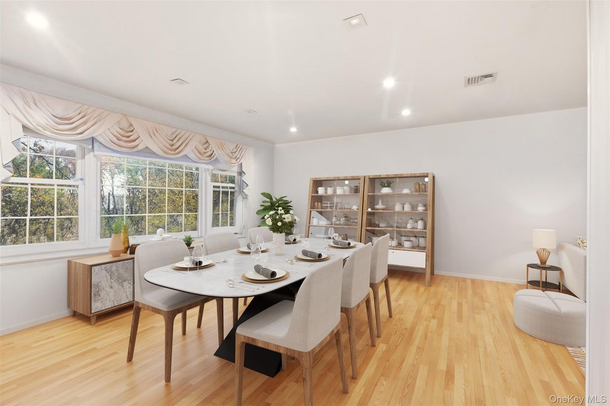 Dining room, Interior, Recessed Lighting, Wood Texture Flooring