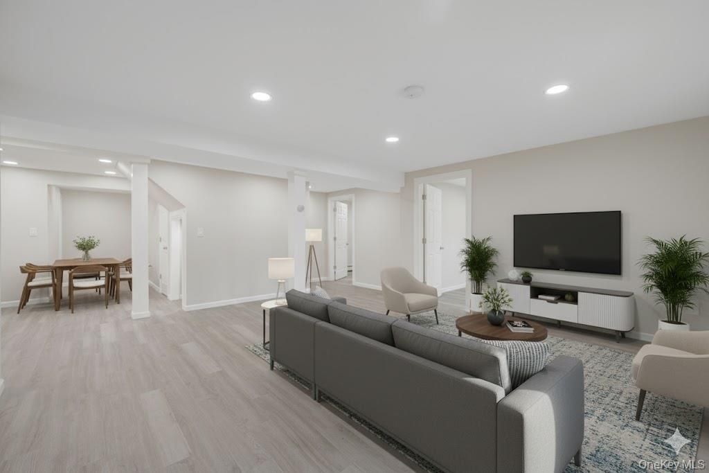 Dining room, Interior, Living room, Recessed Lighting, Wood Texture Flooring