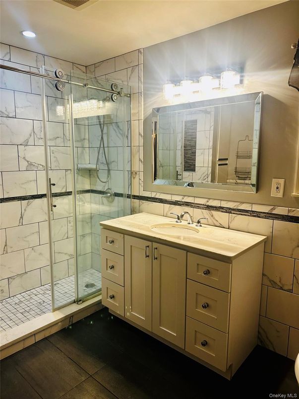 Bathroom, Glass Shower, Interior, Marble Walls, Recessed Lighting