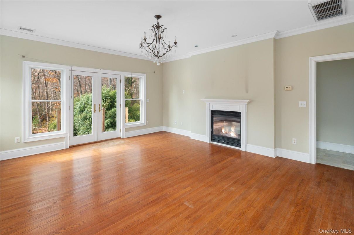 Chandelier, Empty room, Fireplace, Interior, Wood Texture Flooring