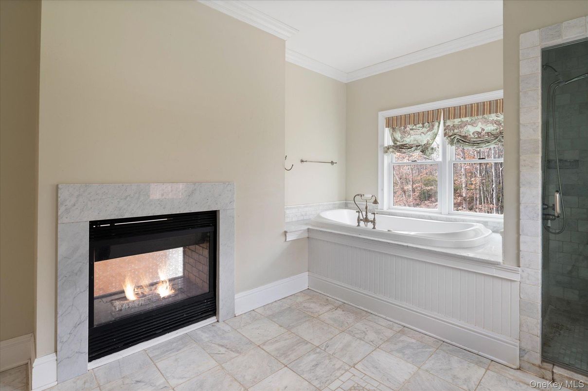 Bathroom, Fireplace, Glass Shower, Interior