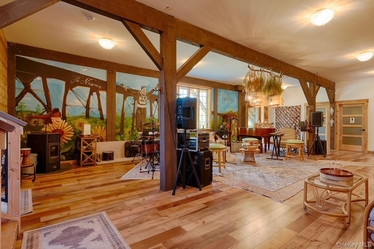 Chandelier, Interior, Recessed Lighting, Wooden Beams, Wood Texture Flooring