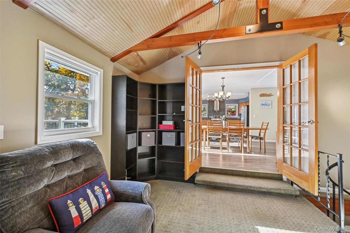 Chandelier, Dining room, Interior, Wooden Beams