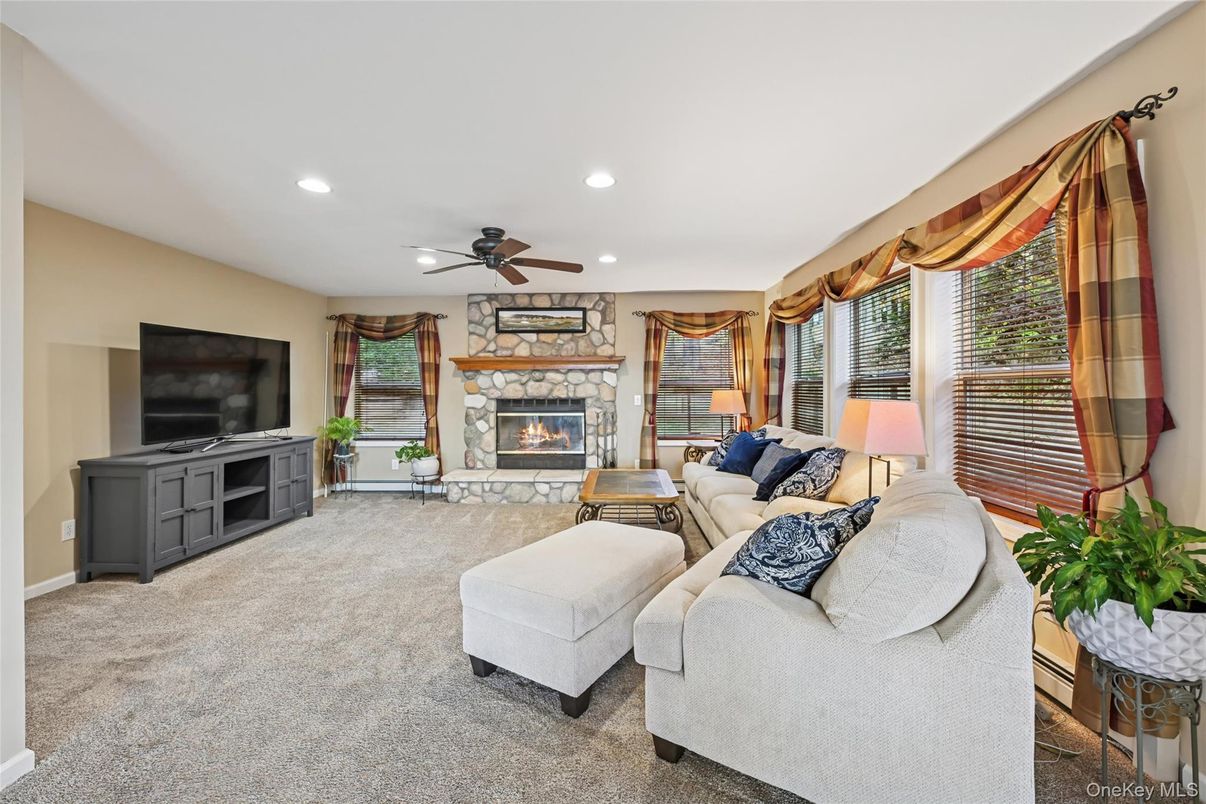 Fireplace, Interior, Living room, Recessed Lighting, Stone Walls