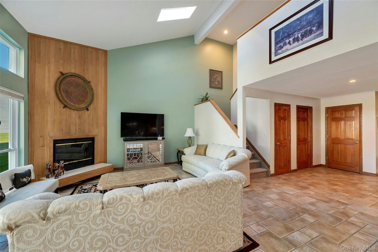 Fireplace, Interior, Living room, Recessed Lighting, Wooden Walls