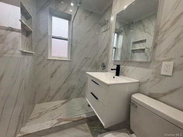 Bathroom, Glass Shower, Interior, Marble, Marble Walls, Recessed Lighting