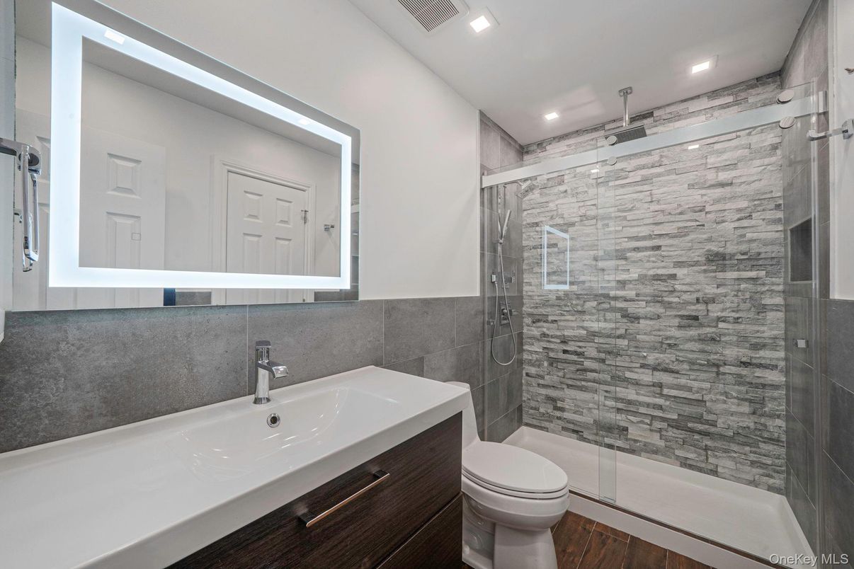 Bathroom, Glass Shower, Interior, Recessed Lighting, Wood Texture Flooring