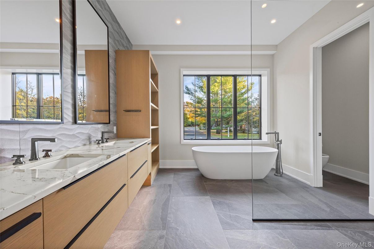 Bathroom, Dual Sink Vanities, Free Standing Baths, Interior, Marble, Recessed Lighting