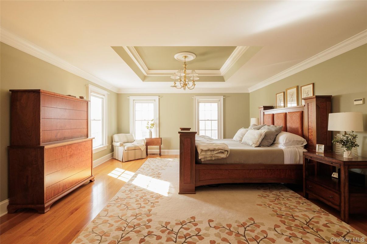 Bedroom, Chandelier, Interior, Wood Texture Flooring
