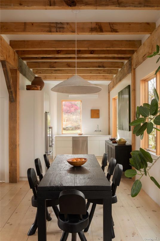 Dining room, Interior, Pendant Lights, Wooden Beams, Wood Texture Flooring